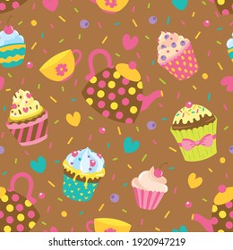 Patrón sin foco con pasteles, tazas y tetera. Caramelos coloridos sobre fondo marrón. Ilustración vectorial.