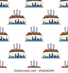 Seamless pattern with cakes decorated with berries. Background for birthday decoration with candles. Design for postcards and invitations. Vector illustration