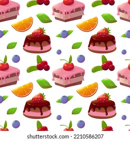 Seamless pattern of cakes
 decorated with berries and leaves on an isolated background
vector illustration.