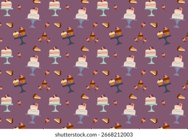 Padrão perfeito com bolos e sobremesas. Ilustração desenhada à mão de vetor de desenhos animados bonito