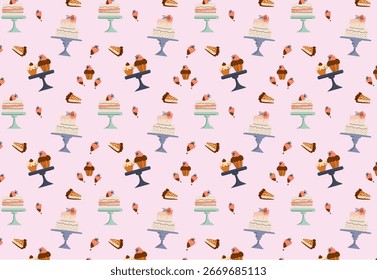 Seamless pattern with cakes and desserts. Cute cartoon vector hand drawn illustration