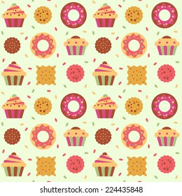 Seamless pattern with cakes, donuts and cookies.