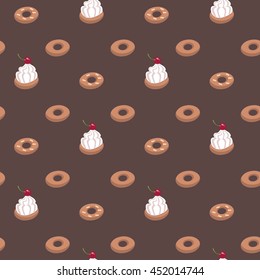 Seamless pattern with cakes and donuts on dark brown background
