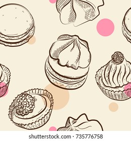 Seamless pattern with cakes and dots, vector illustration