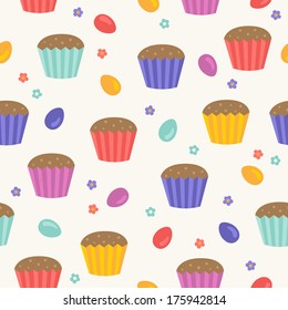 Seamless pattern with cakes and eggs. Also perfect for wallpapers, pattern fills, web page backgrounds, surface textures, textile, wrapping papers. 