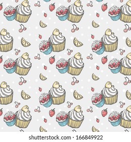 Seamless pattern with cakes and fruits