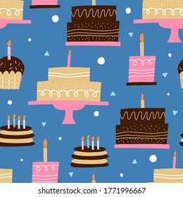 Seamless pattern with cakes. Greeting card, poster, wrapping paper designs. Vector cartoon illustration.
