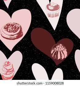 Seamless pattern with cakes, grunge points and hearts. Hand-drawn. Vector illustration