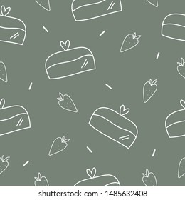 Seamless pattern of cakes with heart and strawberries on a green background.