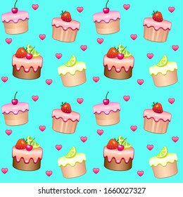 Seamless pattern with cakes and hearts - "I love sweet." Seamless vector background with icing fruit muffins on a blue background. Cupcakes with cherries, strawberries and lemon.