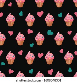 Seamless pattern with cakes and hearts on dark background. Vector illustration.