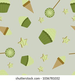 Seamless pattern with cakes and ice cream on a green background. For decorating textiles and packaging. Vector illustration.
