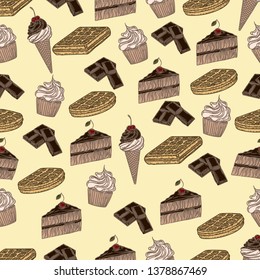 Seamless pattern of cakes, ice cream, chocolates and waffles in vintage style.