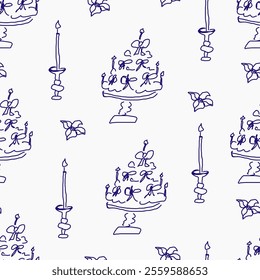 seamless pattern with cakes icons, candles, sketch. Creative naive design for cafe menu with drawn doodle elements.Template for Notebook covers, pattern for wallpapers, textile, wrapping paper