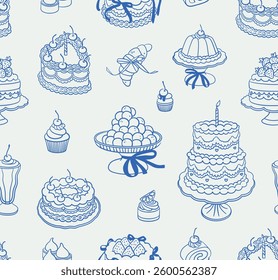 Seamless pattern of cakes. Line art, ink, minimalist style. Vector illustration. Party collection.