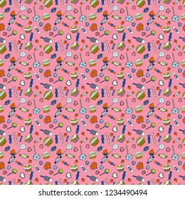 Seamless pattern with cakes. Nice birthday background on white, pink and blue. Vector illustration. Wrapping paper.