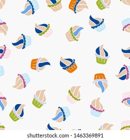 Seamless pattern with cakes. Nice birthday background on beige, neutral and white. Vector illustration. Wrapping paper.