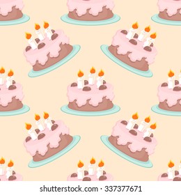 Seamless pattern with cakes on a light background. Cakes with candles and chocolates Hand drawn cakes. Pastel colors. Vector EPS10. 