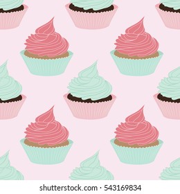Seamless pattern with cakes on pink background, vector sweets. Cupcakes
