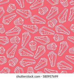 Seamless pattern with cakes on the pink background.   Vector illustration.  White outline . Pink background.