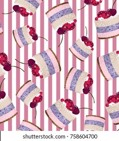 Seamless pattern with cakes on pink background, vector illustration.