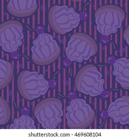 Seamless pattern with cakes on striped background