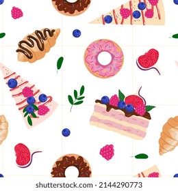 Seamless Pattern with Cakes, Pastries, Donuts, Cheesecakes. Vector Pattern with sweet desserts and bakery illustrations in cartoon modern style. Cakes and Pastry pattern isolated on white background