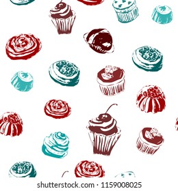 Seamless pattern with cakes and pastries. Hand-drawn. Vector illustration