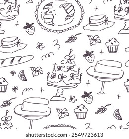 seamless pattern with cakes, pastries icons sketch. Creative naive design for cafe menu with drawn doodle elements.Template for Notebook covers, pattern for wallpapers, textile, wrapping paper.