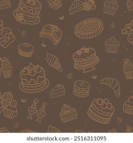 Padrão contínuo de bolos e doces em fundo marrom. Ilustração vetorial