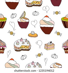  Seamless pattern with cakes, pies, cupcakes, candy, hearts. For holiday, Birthday.