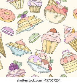 Seamless pattern of cakes pies and ice cream. Cake and ice cream pattern can be used for wallpaper website background wrapping paper. Hand drawn illustration. Cake menu design. Cupcakes sweets concept