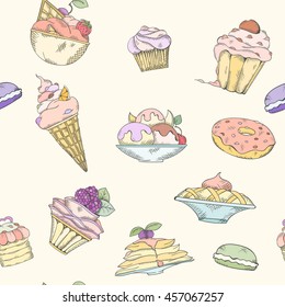 Seamless pattern of cakes pies and ice cream. Cake and ice cream pattern can be used for wallpaper website background wrapping paper. Hand drawn illustration. Cake menu design. Cupcakes sweets concept
