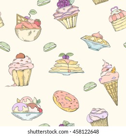 Seamless pattern of cakes pies and ice cream. Cake and ice cream pattern can be used for wallpaper website background wrapping paper. Hand drawn illustration. Cake menu design. Cupcakes sweets concept