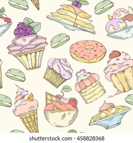 Seamless pattern of cakes pies and ice cream. Cake and ice cream pattern can be used for wallpaper website background wrapping paper. Hand drawn illustration. Cake menu design. Cupcakes sweets concept