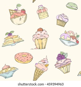 Seamless pattern of cakes pies and ice cream. Cake and ice cream pattern can be used for wallpaper website background wrapping paper. Hand drawn illustration. Cake menu design. Cupcakes sweets concept