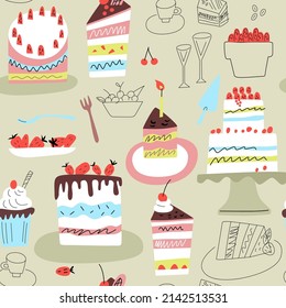 Seamless pattern with cakes, strawberries and cherries. Tasty dessert. Vector illustration in trendy flat style for fabric, packaging, textile, wallpaper.