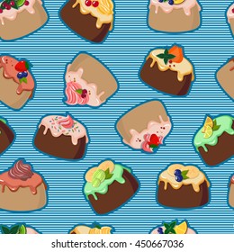 Seamless pattern with cakes in striped background.