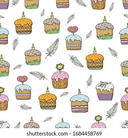 Seamless pattern of cakes and twigs. Drawing in a vector by hand. Suitable for Easter cards, posters, things, clothes