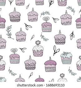 Seamless pattern of cakes and twigs. Drawing in a vector by hand. Suitable for Easter cards, posters, things, clothes.