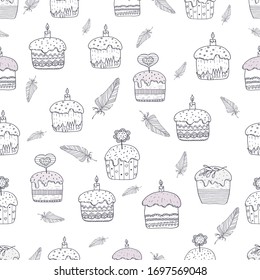 Seamless pattern of cakes and twigs. Drawing in a vector by hand. Suitable for Easter cards, posters, things, clothes