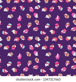 Seamless pattern with cakes. Vector illustration. Nice birthday background on white, violet and pink. Wrapping paper.