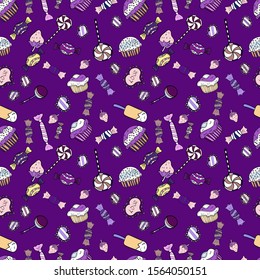 Seamless pattern with cakes. Vector illustration. Nice birthday background on violet, white and neutral. Wrapping paper.
