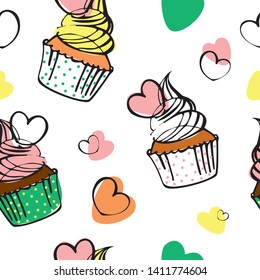 seamless pattern with cakes with whipped cream in a paper Cup with a heart drawn by hand on a white background Vector illustration