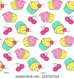 Seamless pattern with cakes with whipped cream and cherries. Vector illustration in cartoon style. Children's illustration for clothes. Bright background for design.