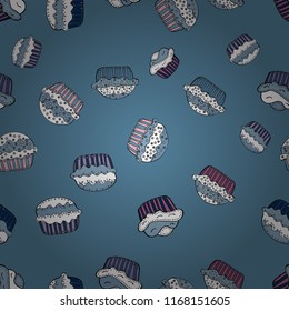 Seamless pattern with cakes. Wrapping paper. Vector illustration. Nice birthday background on blue, white and black.