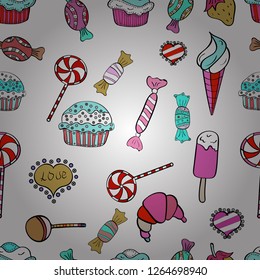 Seamless pattern with cakes. Wrapping paper. Vector illustration. Nice birthday background on pink, white and black.