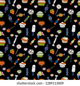 Seamless pattern with cakes. Wrapping paper. Nice birthday background on orange, white and black. Vector illustration.