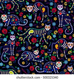 Seamless pattern with calavera cats and sugar skills for Day of the Dead, Dia de los Muertos