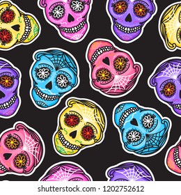 Seamless pattern Calavera sign Dia de los muertos. Mexican Day of the dead. Vector hand drawing illustration man isolated on dark background. Pink purple blue color
